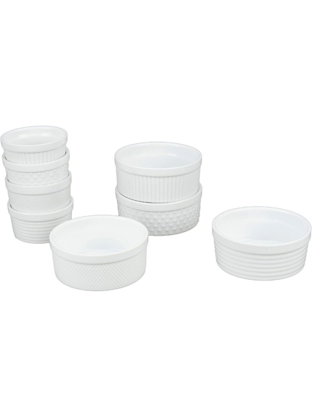 Set of 8 Textured Porcelain Ramekins, Assorted Sizes 4-6 oz & 4-14 oz, White